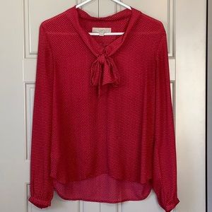 LOFT v neck with tie, long sleeve, red patterned blouse